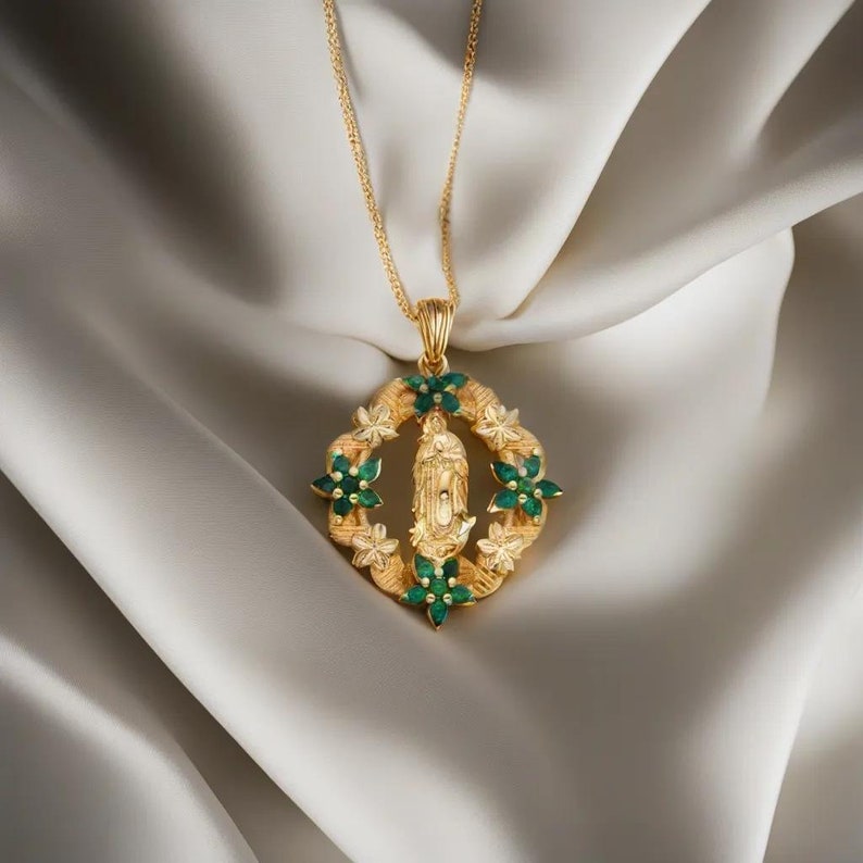 Our Lady of Guadalupe Pendant 14k Gold Cubic Zirconia Flowers ...