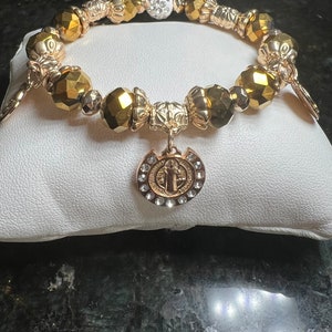 Saint Benedict Faceted Golden Glass Beads Religious Bracelet