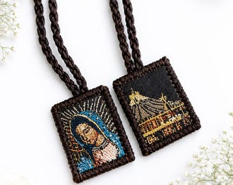 Our Lady of Guadalupe Handmade Cotton Scapular Necklace: Embroidered Basilica Design