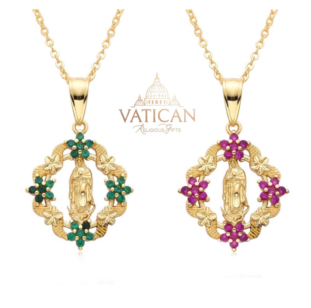 Our Lady of Guadalupe Pendant 14k Gold Cubic Zirconia Flowers ...