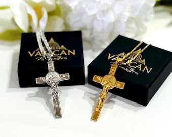 Collar con crucifijo de San Benito, colgante de cruz de protección católica, crucifijo con medalla de exorcismo, regalo de joyería de fe cristiana para hombres.
