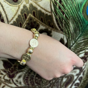 Gold Tone St. Benedict Medal Beaded Bracelet for Women - Catholic Jewelry, Religious Gifts, Protection Bracelet, Christian Faith Accessories