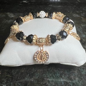 Saint Benedict Religious Faceted Black Glass Beads Bracelet