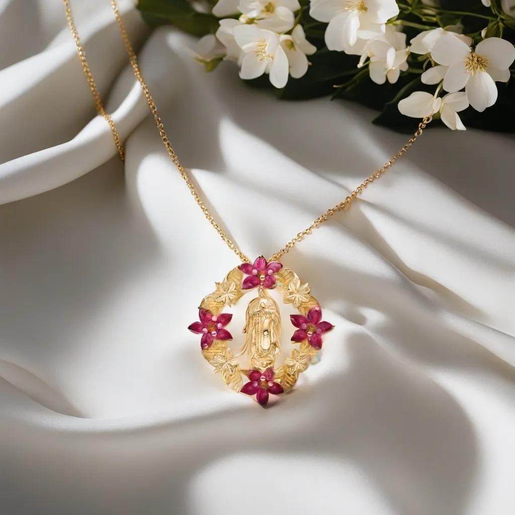 Our Lady of Guadalupe Pendant 14k Gold Cubic Zirconia Flowers ...