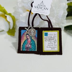 Our Lady of Guadalupe Brown Scapular with Cross & St Benedict Medal | Fabric Panels with Vivid Waterproof Images Catholic Gift of Protection