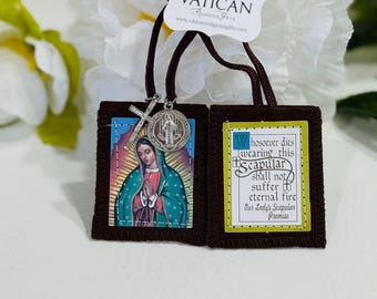Our Lady of Guadalupe Brown Scapular with Cross & St Benedict Medal | Fabric Panels with Vivid Waterproof Images Catholic Gift of Protection