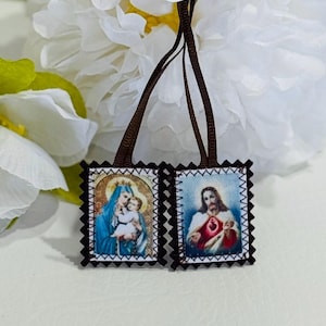 Our Lady of Mt. Carmel & Sacred Heart of Jesus Scapular – Printed Fabric Panels – Catholic Devotional Gift for Daily Wear