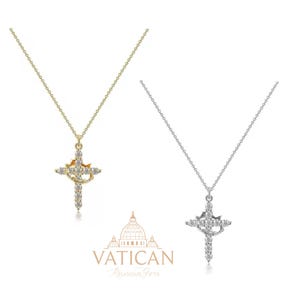Collana con croce e corona rotante &quot;Dio è Re&quot; con ciondolo cristiano in zircone AAA, placcato oro 18k o platino su catena in acciaio inossidabile / Gioielli da regalo di fede