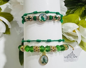 St. Jude Protection Bracelet Set - Dainty Decade Rosary, Tadeo Cord, Stackable Saint Jude Green Bracelet, Spiritual Protection Jewelry Gifts
