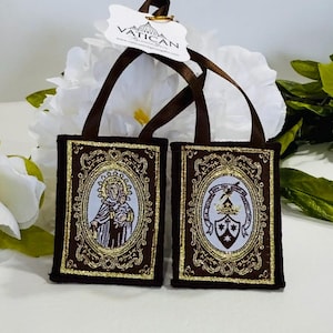 Brown Mt. Carmel Scapular with Gold Embroidery – Our Lady of Mount Carmel Catholic Sacramental for Daily Wear & Spiritual Protection