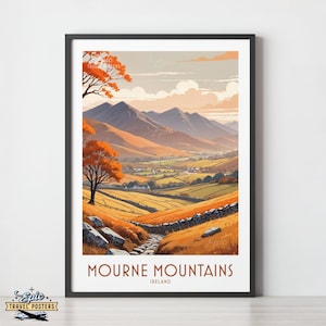 Mourne Mountains Autumn County Down Ireland travel poster Ireland art print wedding engagement home wall art Custom Text Gift Mournes Ulster