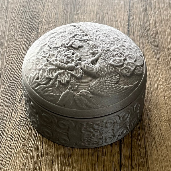 3D Printed Peacock Jewelry Box, Silver Keepsake Box, Ornate