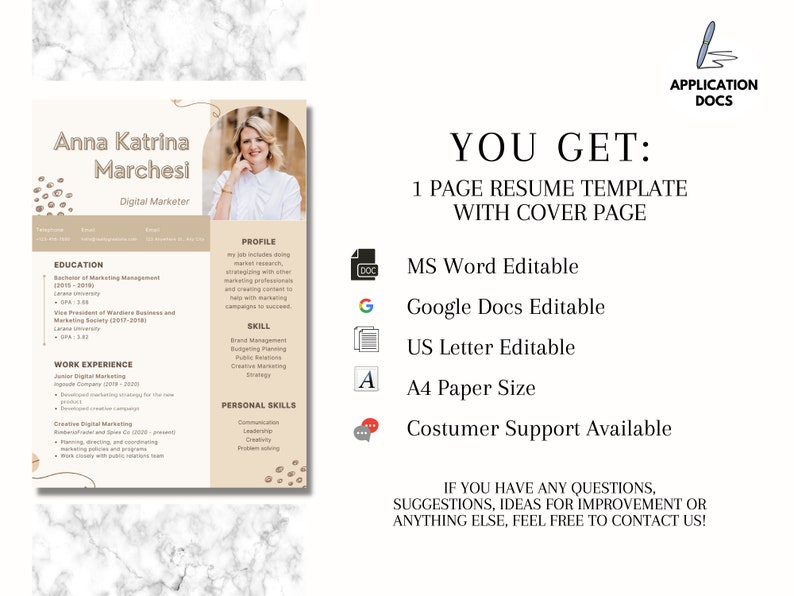 Google Docs MS Word Resume Template Cover Letter References Resume ...