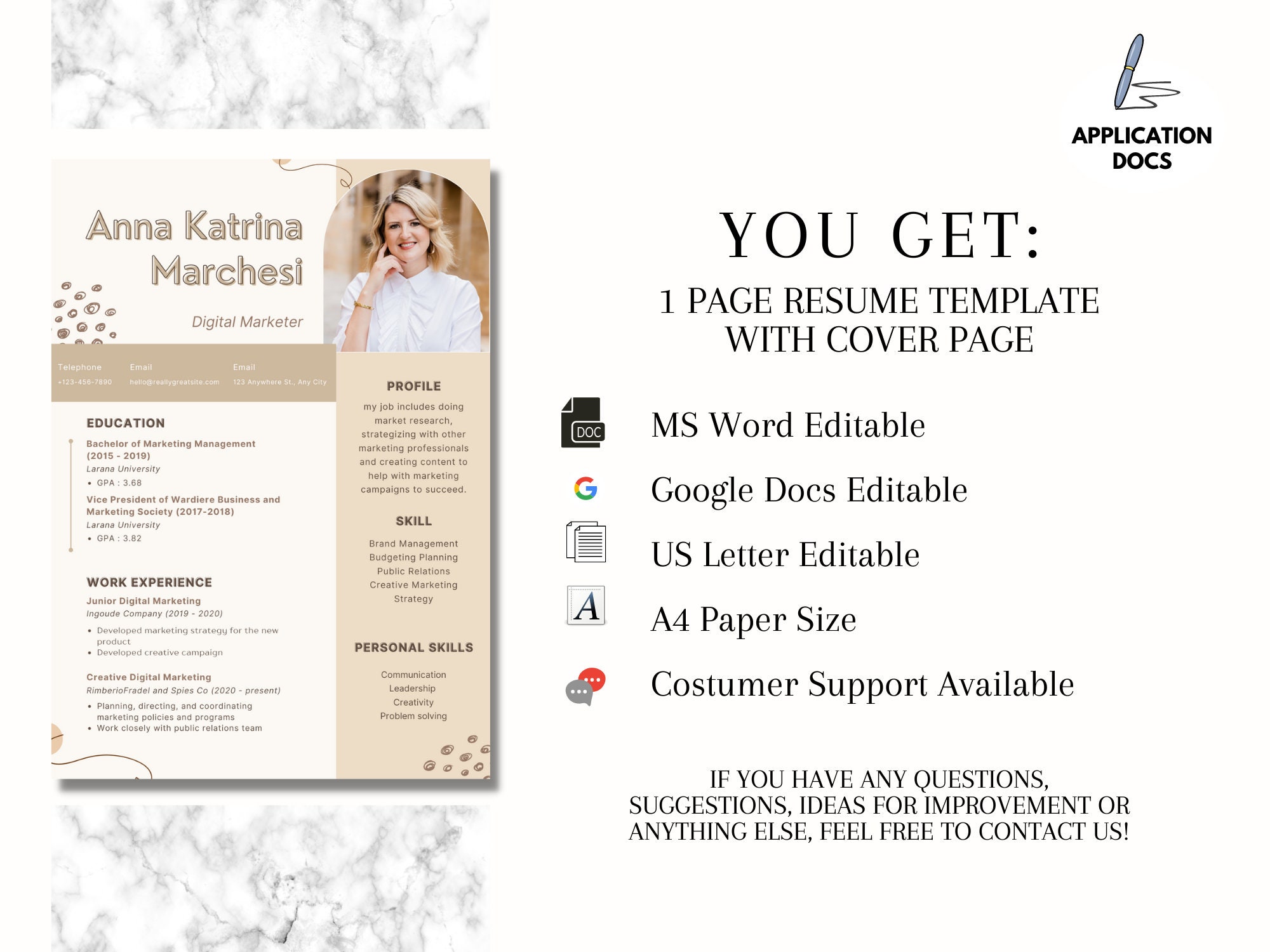 Google Docs MS Word Resume Template Cover Letter References Resume ...