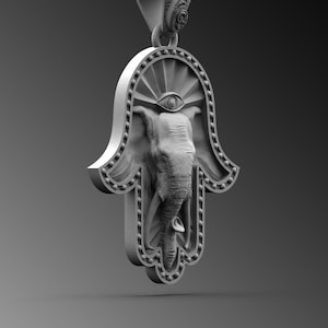 Evil Eye Hamsa Charm Pendant, Hamsa Silver Mens Necklace, Elephant Silver Necklace, Hamsa With Elephant Men Pendant, Hand of Fatima Necklace