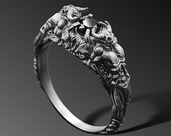 Demon Skull Ring Hell Satan 925 Silver Ring Sterling Handmade Satanic Ring Horned Demon Ring Lucifer Gothic Ring Silver Biker Baphomet Ring