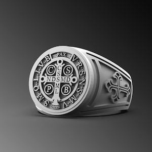 St Benedict Medal Jewelry Cross Ring Mens Religious Accessory Christian Oxidized 925 Sterling Silver Cross Ring Gift For Him Signet Exorcism