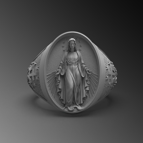 925K Sterling Silver Virgin Mary Ring - Catholic Mother Mary Ring - Mens Virgin Mary Signet Ring - Religious Christian Ring For Husband Gift