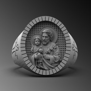 Anillo San José, Anillo Religioso de Plata, Anillo San José con Niño Jesús, Anillo de Sello Cristiano, Anillo Católico de Plata, Anillo Niño Jesús