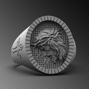 Jesus Christ with Crown of Thorns, Sterling Silver Signet Ring, Catholic Gifts for Man, Mens Christian Ring, 925k Jesus Ring Religious Gifts