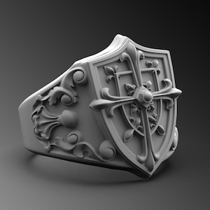 Medieval Shield Ring Silver Cross Signet Rings For Man Sterling Shield Ring Unique Silver Ring For Man Band Pinky Ring Geometric Signet Ring
