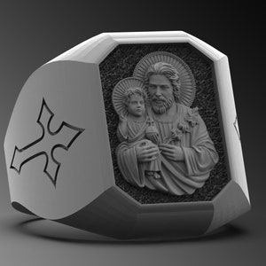 Saint Joseph Ring, Silver Religious Ring, Saint Joseph with Baby Jesus Ring, Christian Signet Ring, Silver Catholic Ring, Baby Jesus Ring