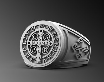 St Benedict Medal Ring, Oxidized Sterling Silver Religious Accessory