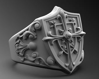 Medieval Shield Cross Signet Ring, Sterling Silver Ring for Men