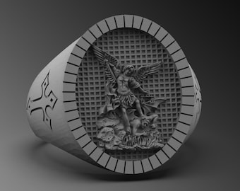 Sterling Silver Saint Michael Signet Ring, Religious Mens Ring