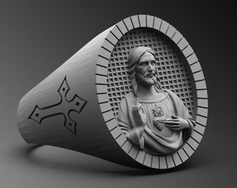 Handmade Sacred Heart Jesus Ring, 925 Sterling Silver Christian Jewelry