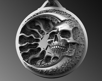 Sterling Silver Moon Skull Pendant Necklace, Celestial Amulet
