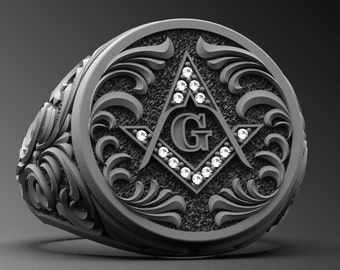 Oxidized Sterling Silver Masonic Ring, Handmade Freemason Jewelry