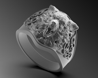 Anillo de sello con cabeza de lobo para hombre, hecho a mano en plata de ley 925k