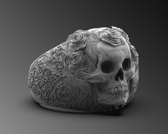 Mens Sugar Skull Sterling Silver Ring, Handmade Signet Ring