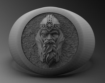 Handgjord sterlingsilverring i vikingastil med Odin, nordisk signetring