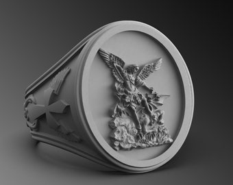 Saint Michael Sterling Silver Signet Ring, Religious Mens Jewelry