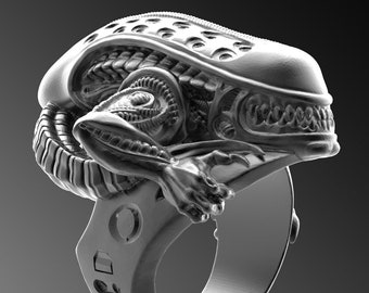 Sterling Silver Alien Ring, Handmade Xenomorph Jewelry