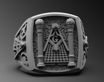 Oxidized Sterling Silver Masonic Ring, Freemason Jewelry Gift