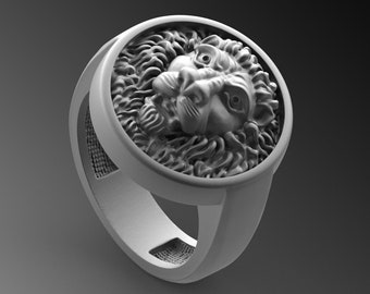 Anello Da Uomo Con Testa Di Leone Modello Lucido Oro Giallo 18 Karati
