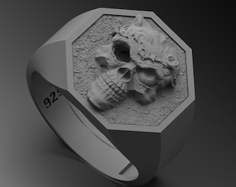 Sterling Silver Demon Skull Ring, Gothic Biker Jewelry