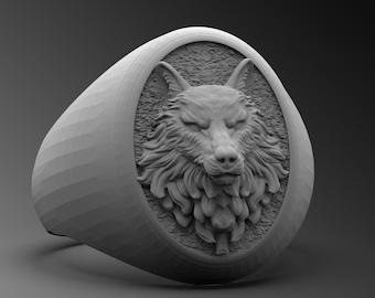 Sterling Silver Wolf Head Signet Ring, Handmade Biker Jewelry