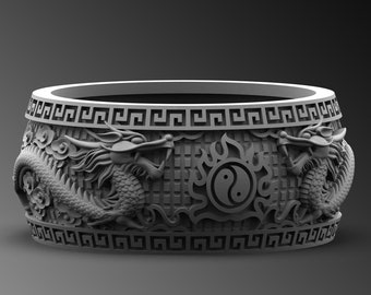 Sterling Silver Dragon Yin Yang Ring, Handmade Chinese Mythology Band