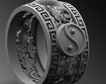 Sterling Silver Dragon Yin Yang Ring, Chinese Mythology Band