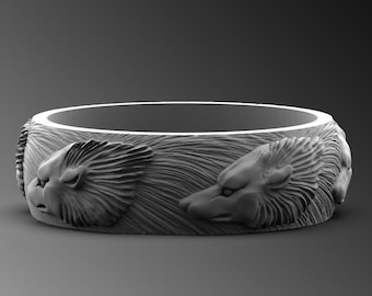 Mens Wolf Ring, 925K Sterling Silver Wolf Head Band