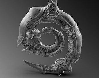 May include: A silver pendant necklace featuring a detailed, curled, and twisted design resembling a creature's claw.