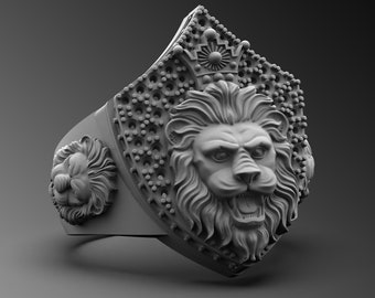 Sterling Silver Lion Shield Ring, Handmade Signet Ring for Men