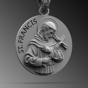 Saint Francis of Assisi Silver Medallion Necklace, St Francis Men&#39;s Pendant, Catholic Silver Charm Necklace, Silver Gift For Dad and Mom