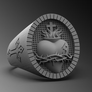 Anillo de hombres del Sagrado Corazón, Anillo religioso del Sagrado Corazón, Anillo de hombres cristianos, Anillo de hombres cristianos de sello, Anillo de hombres de plata, Anillo de regalo del Sagrado Corazón