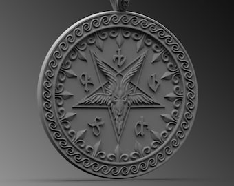 May include: A silver pendant necklace with a circular pendant featuring a pentagram with a goat's head inside. The pendant is surrounded by a decorative border.