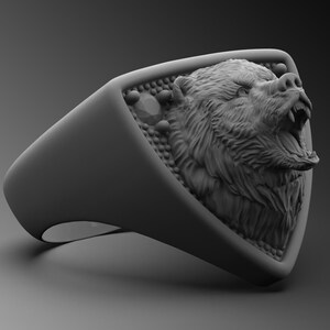 Mens Bear Shield Ring Silver Bear Ring Bear Head Signet Rings For Man Grizzly Silver Ring Man Pinky Ring Unique Silver Rings For Man Gift